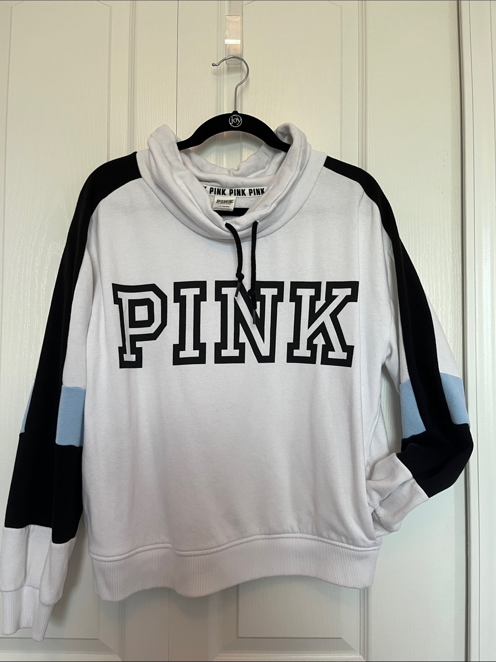 Victoria's Secret PINK White Black Light Blue Pullover Cowl Neck Sweatshirt